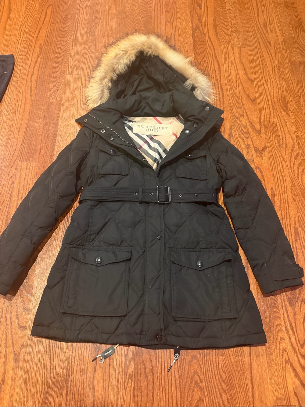Burberry Black Quilted Belted Puffer Coat with Fur-Trim Hood Size M